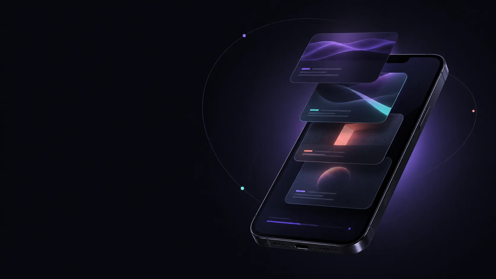 Dunkles Smartphone mit schwebenden abstrakten Stapelkarten in Violett, Aqua und Koralle.