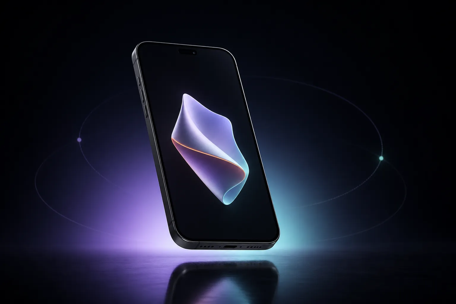 Schwebendes dunkles Smartphone mit einer gefalteten abstrakten Form in Violett und Aqua.