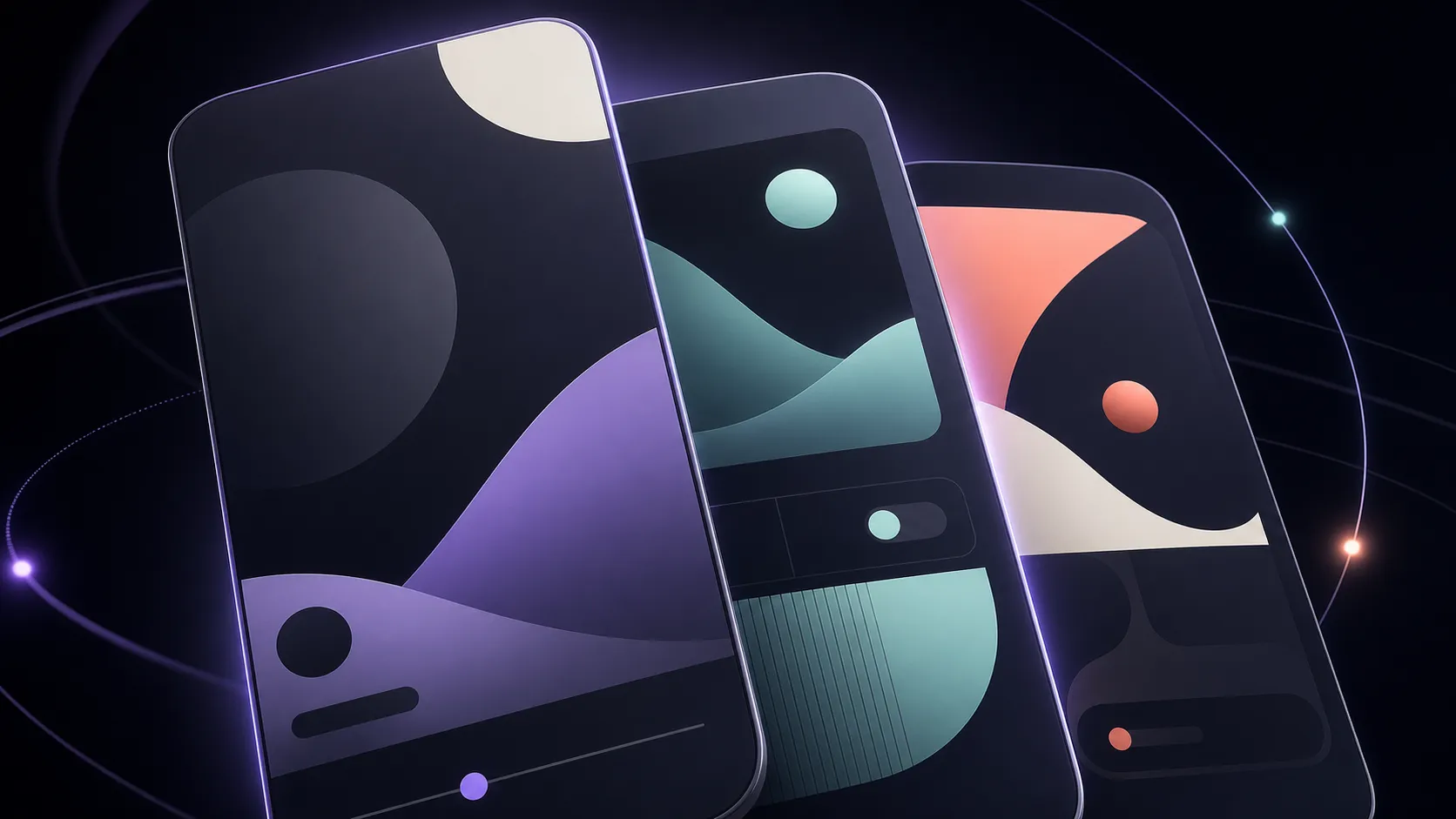 Drei geschichtete abstrakte Smartphone-Flächen in Violett, Aqua und Koralle.